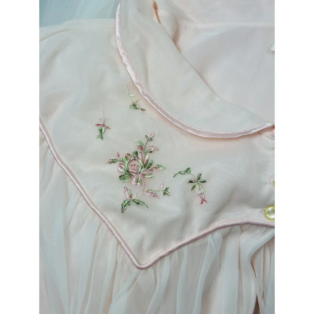 Vtg‎ 34 Godfried Pink Nylon Robe Floral Embroidery Union Made Mcm Retro Pin Up